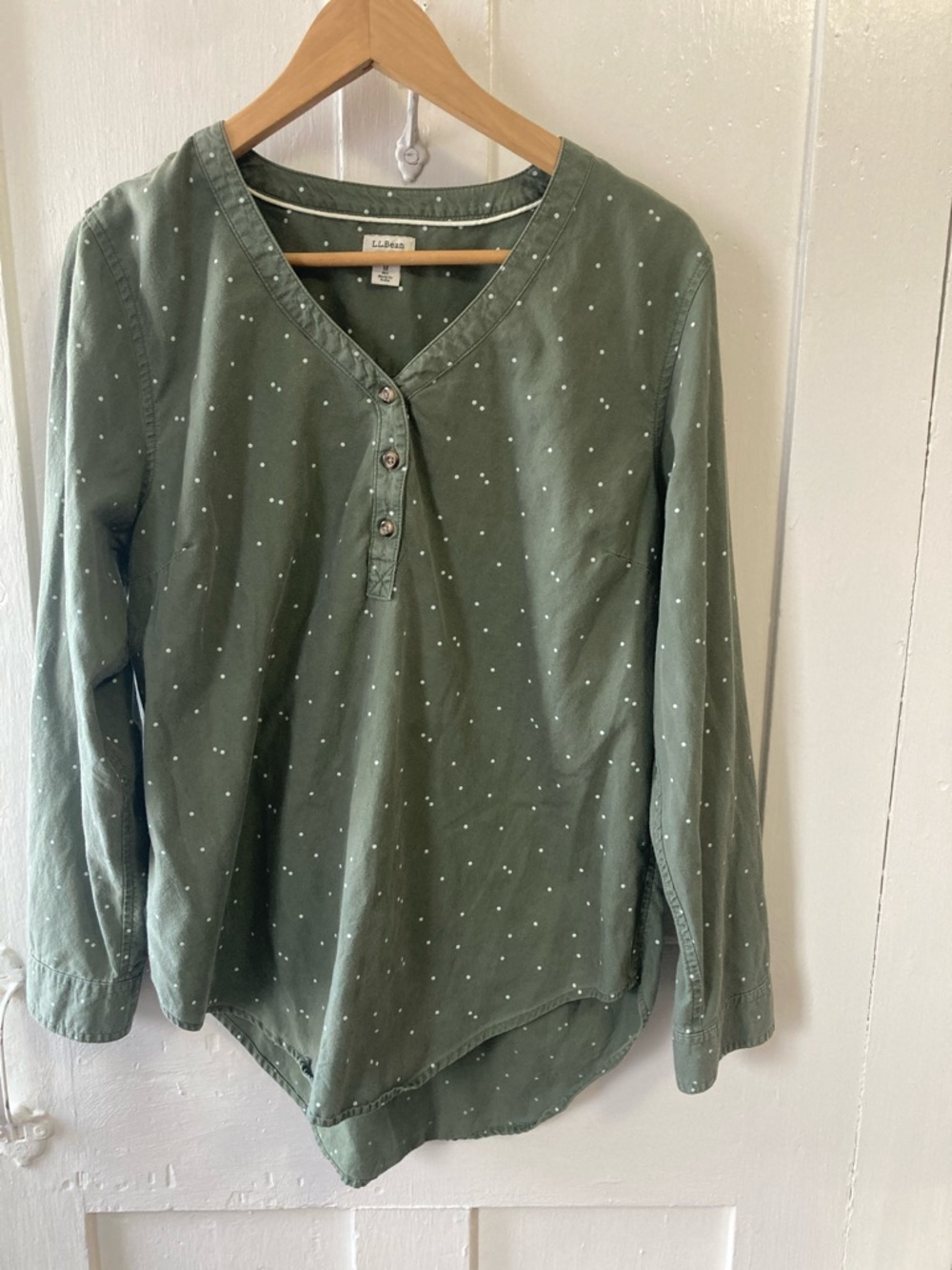 L.L.Bean Olive Green Polka Dot Buttoned Henley
